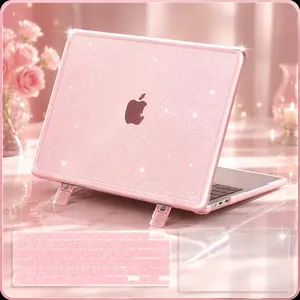 MOSISO 3-in-1 Heavy-Duty Shockproof Sparkly Glitter Hard Laptop Case with Fold Kickstand for MacBook Air 13in (2022-2026 M2, M3, M4, M5; A2681, A3113, A3240, A3449), Pink