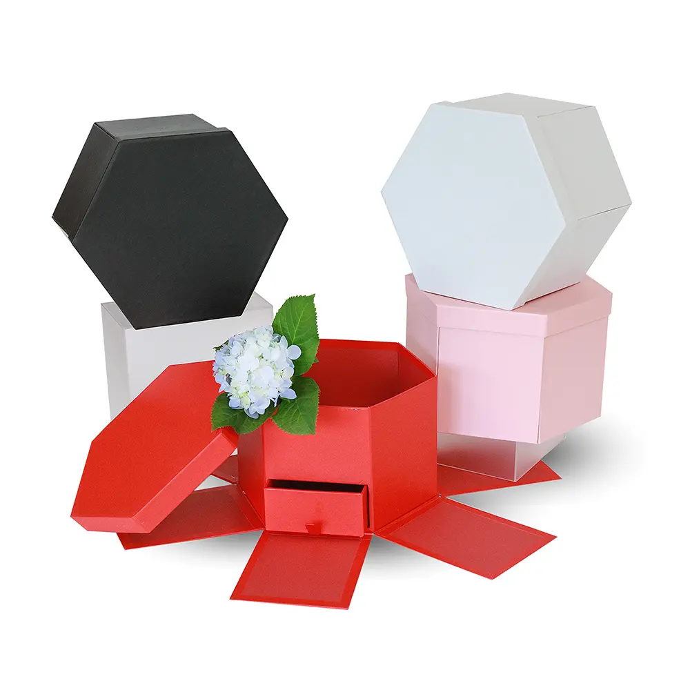 Hexagon Shape Surprise Flower/Gift Box with Drawer, 9.5"x 8.3"x 6.1", Various Colors