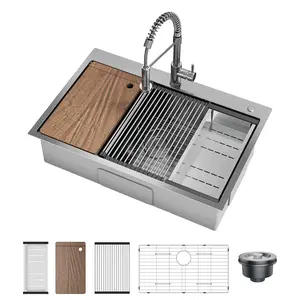 All-In-One Kitchen Workstation Sink – 33x22x9 Inch Silver Stainless Steel, Drop in Design, Pull Down Spring Faucet & Included Accessories, Drop-In Type