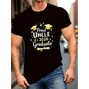 Men'S Proud Uncle of a 2026 Graduate T-Shirt - Golden Cap & Diploma Design, Class of 2026 Year Print, Breathable Lightweight Fit Round Neck Short Sleeve, Graduation Gift for Uncles, Family, Casual & Outdoor Events - Funny Novelty Graduation Party Ou