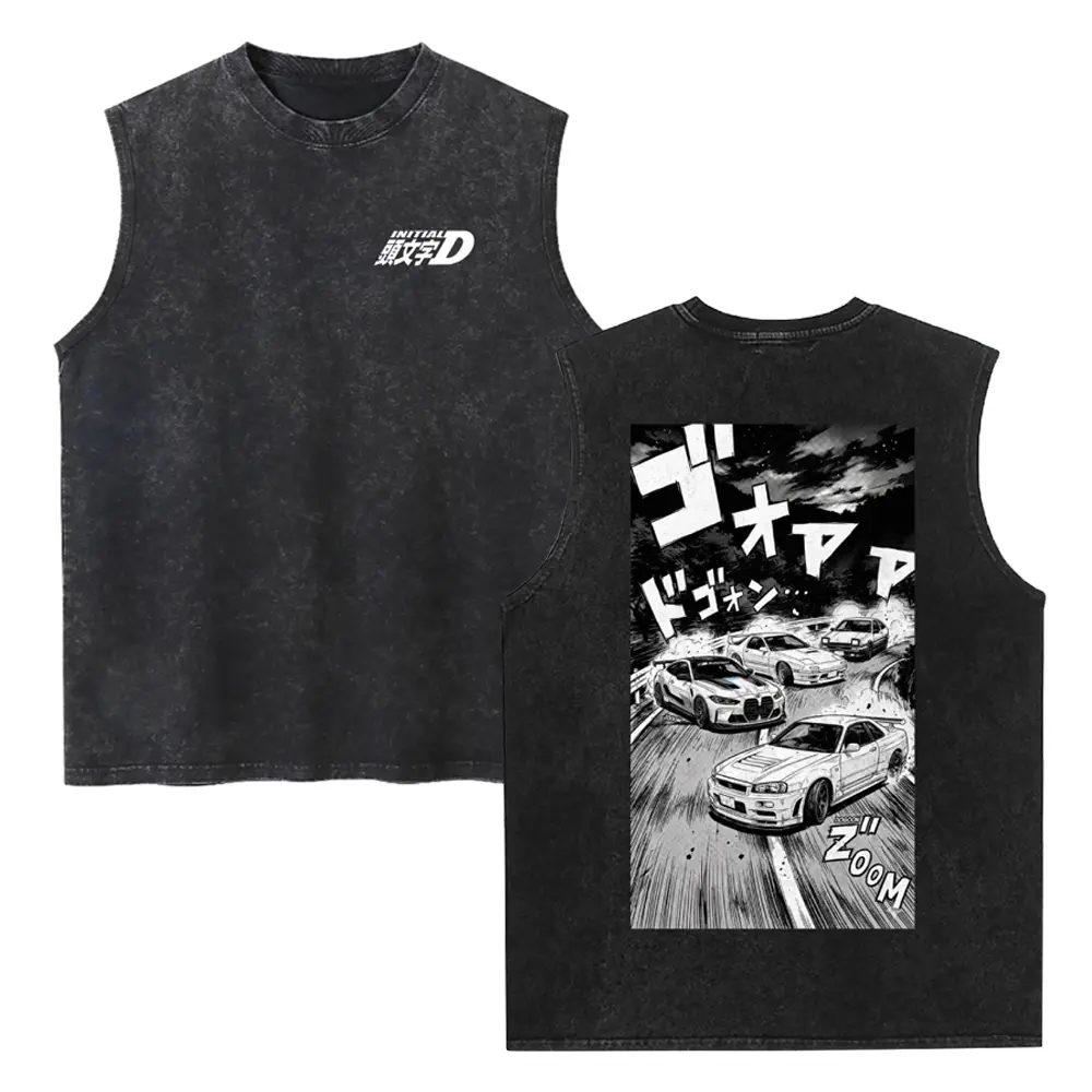 Men's Retro JDM Graphic Tank Top, Distressed Garment-Washed Soft Cotton Muscle Shirt with Round Neck for Streetwear