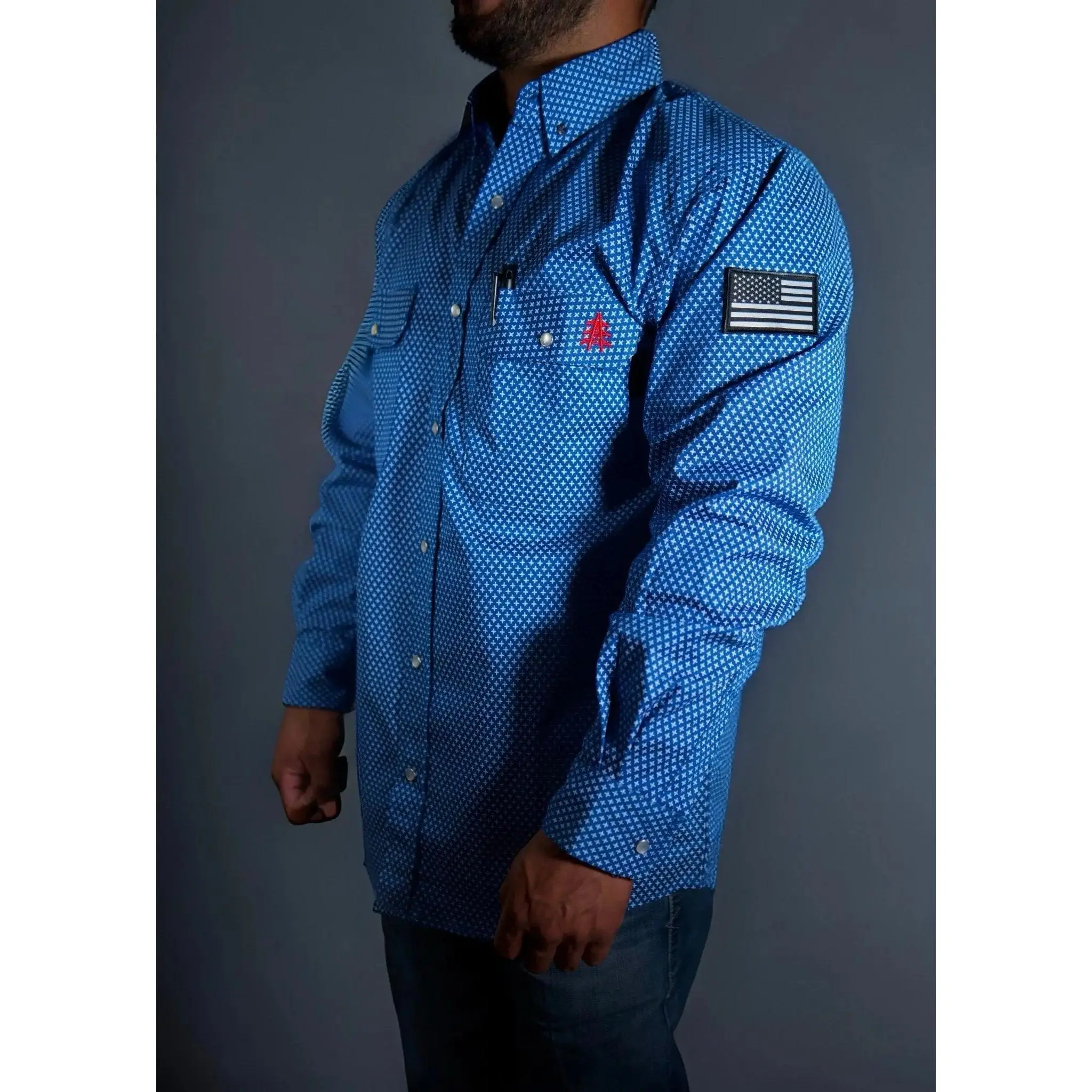 FR Pearl Snap Work Shirt - Royal Blue, All Seasons, Paisley Design, Flame-Resistant Cotton, Long Sleeve, Pocket with FR Tag, HRC2/CAT2 Safety, NFPA 2112 Certified, Menswear Workwear