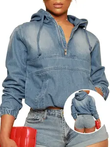 USBoutique Chic [S-5XL] Women's Half Zip Denim Hoodie Pullover Jacket Jean Tops Casual