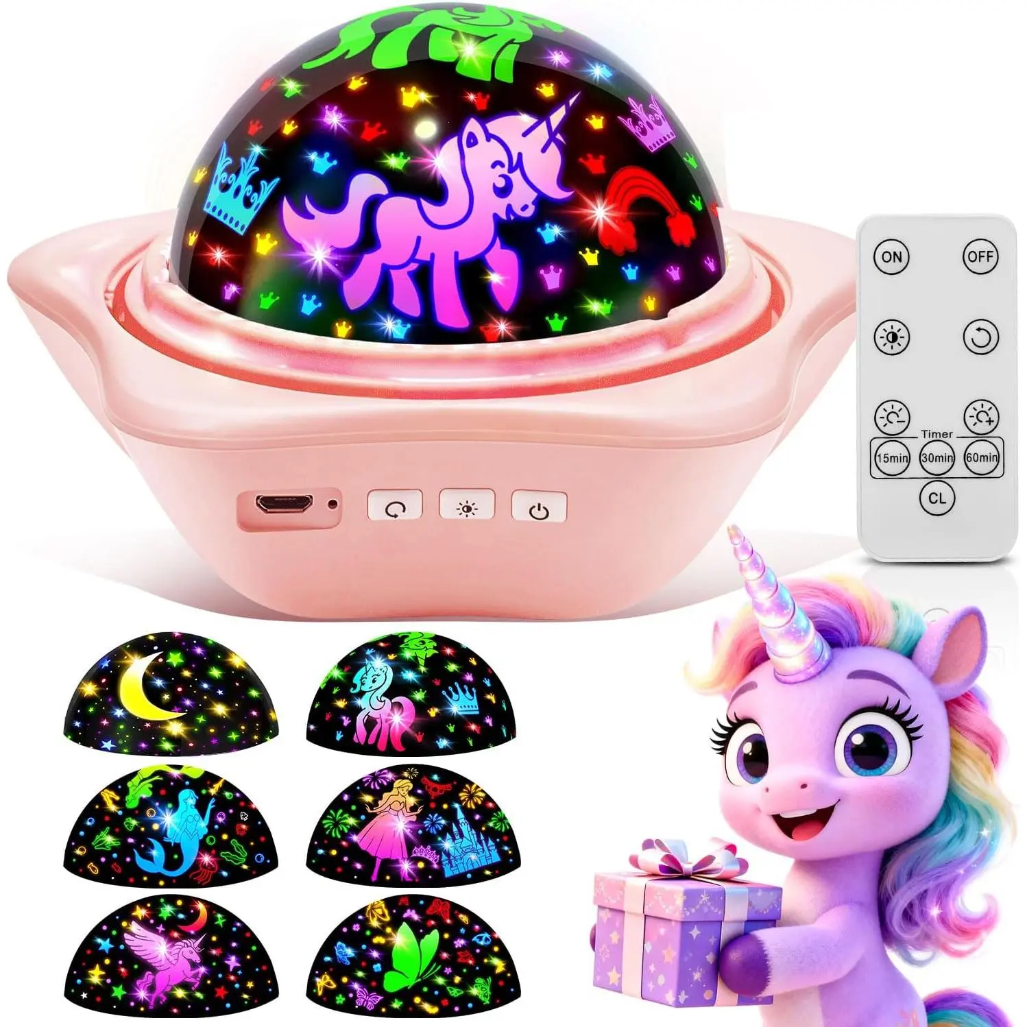 Unicorn Night Light Projector - 6 Slides, 96 Lighting Modes, 15 Bright & Vivid RGB Colors, Eye-Caring Sleep Aid, USB-Powered Indoor Decor, Unicorn Toys, Little Mermaid Toys, Cool Gifts for 2-6 Year Old Girls