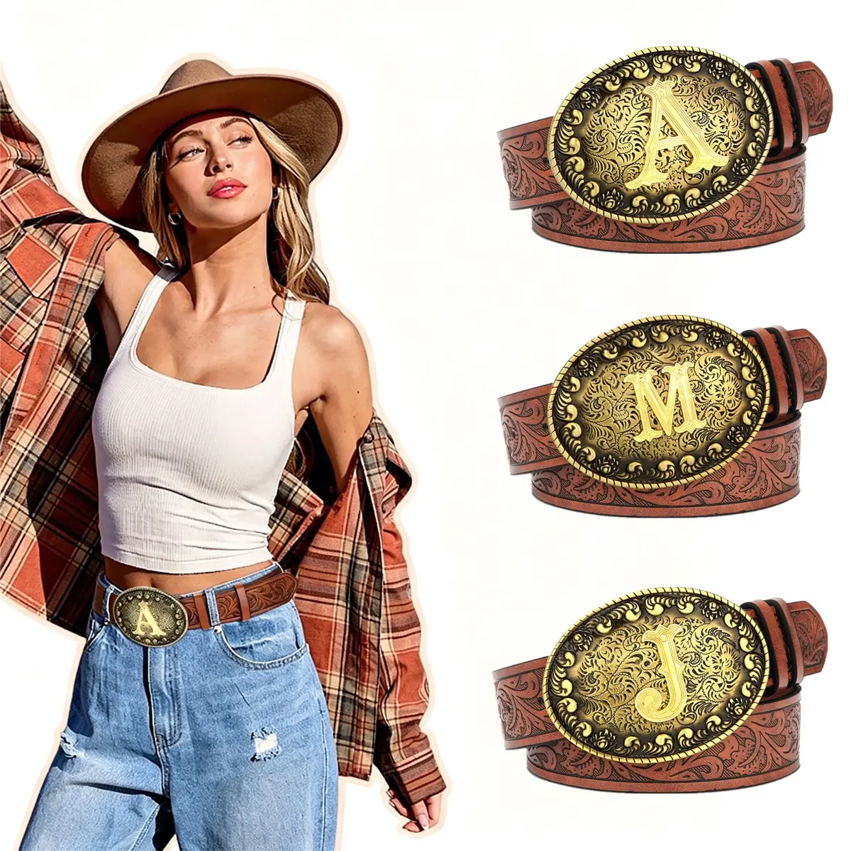 Women's Faux Leather Vintage Western Belt - Custom-Fit, Embossing Cowboy Buckle Belt for Men, Cowboy Women's Belts, Buckle Women's Belts