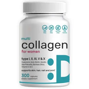 Multi Collagen Peptides Capsules with Types I, II, III, V & X, Biotin, Vitamin C, Vitamin E, Hyaluronic Acid, Keratin & Bamboo Silica, 300 Capsules