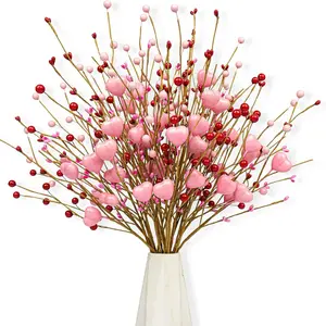 3pcs Pink Heart Shaped Berry Picks with Red Berries Valentine's Day Gifts Valentines Day Decorations Artificial Flowers Decorative Flowers Wedding Candlelight Dinner Anniversary