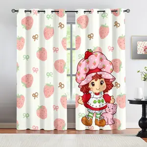 Cute Strawberry Shortcake Curtains for Living Room, Durable Blackout Curtains, Cute Kids Bedroom Decor for Girls' Room, Kawaii Strawberry & Bow Pattern Curtain, Sweet Aesthetic Home Drapes, Perfect Gift for Cartoon Lovers Bedroom Decor