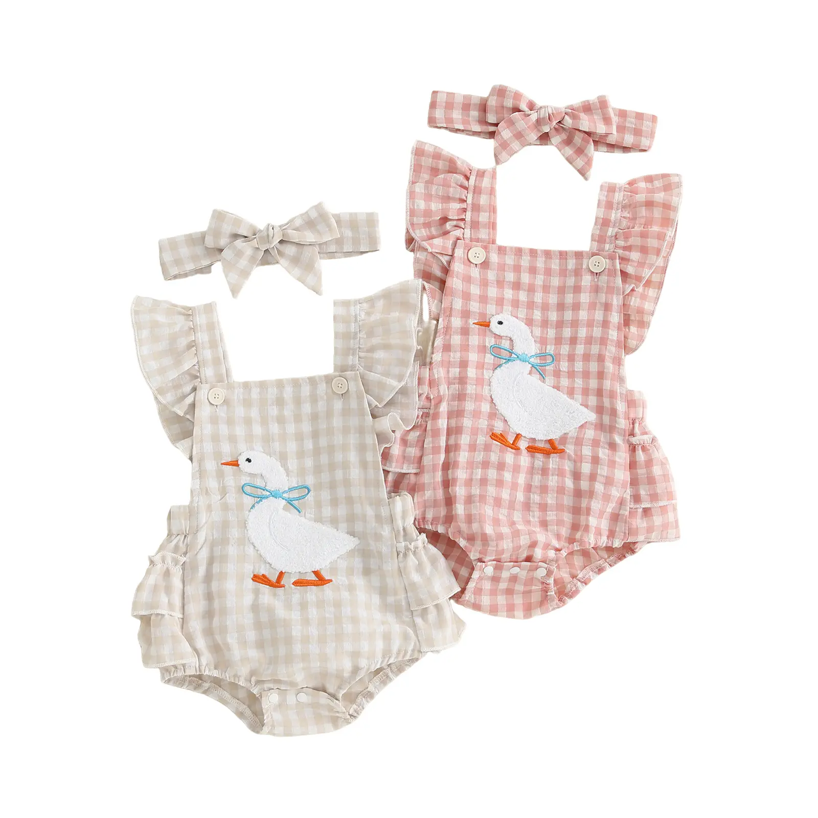 Infant Baby Girl Duck Embroidery Romper Flying Sleeve Tiered Plaid Overalls with Headband