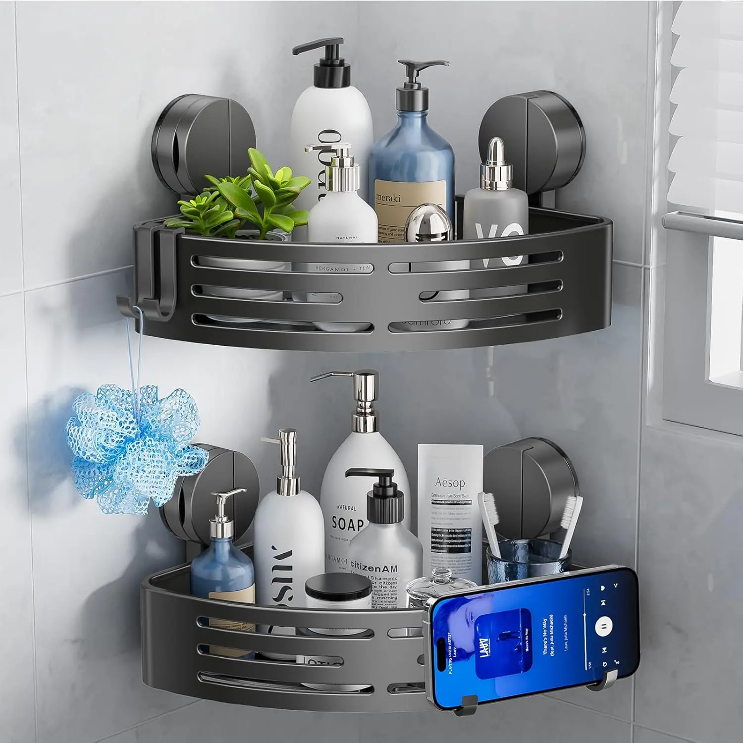 Corner Shower Caddy Adhesive, 100% Rustproof Shower Organizer, No Drill Shower Shelf for Inside Shower, Wall-Mounted Shower Storage for Homes，Gray