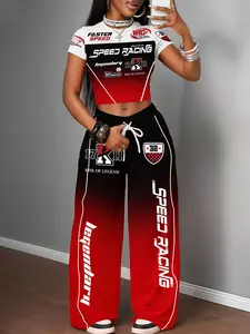 Y2K Retro Racing Gradient Print Set, Summer Two-Piece, Round Neck Short Crop Top & Wide Leg Pants, Streetwear Fashion, Womenswear