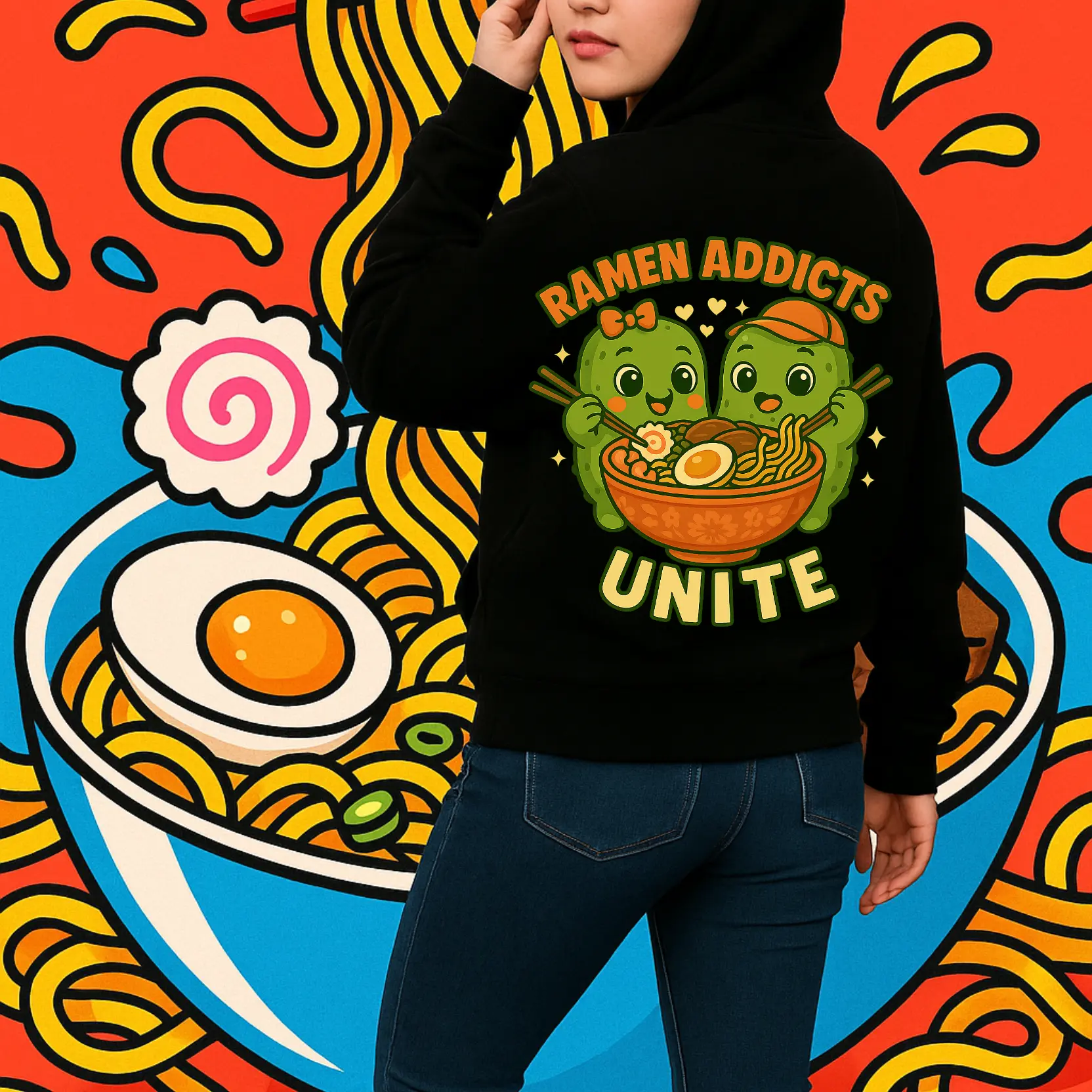 Ramen Addicts Unite Hoodie 🍜✨ | Cute Kawaii Pickle Couple Sharing Noodles | Foodie Streetwear Hoodie | Anime Ramen Lover Gift | Cozy Oversized Black Hoodie | Funny Pickle Design Hoodie | Kawaii Aesthetic Sweatshirt for Food Lovers 🍜💚