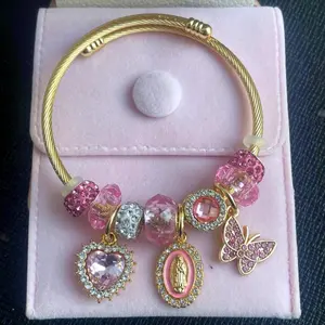 Pink Heart Butterfly Virgin Mary Bracelet - Elegant Design with Butterfly Motif & Heart Accents, Perfect for Birthdays, Bangle for Women