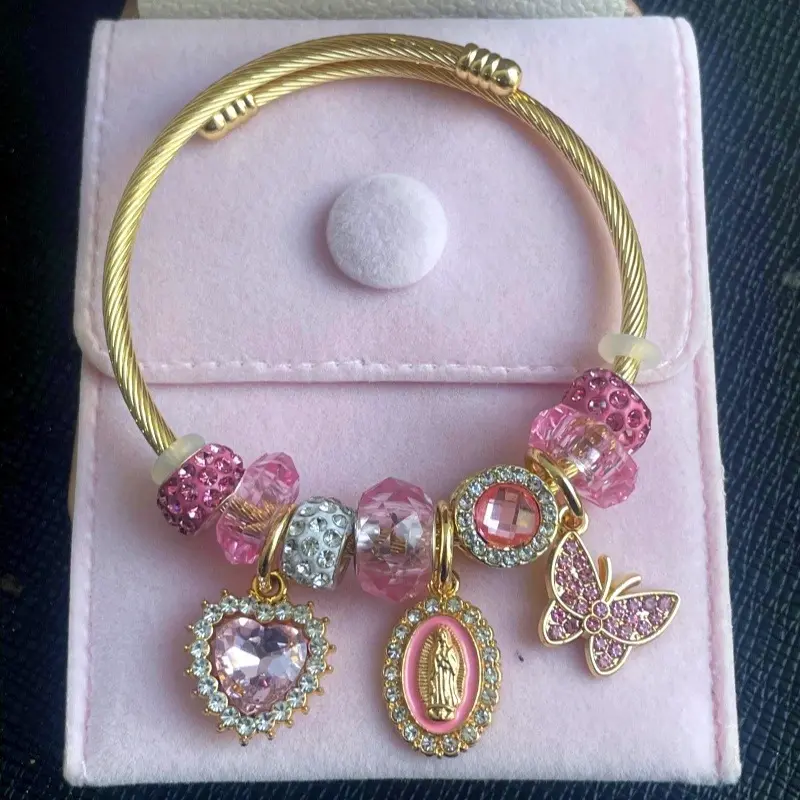 Pink Heart Butterfly Virgin Mary Bracelet - Elegant Design with Butterfly Motif & Heart Accents, Perfect for Birthdays, Bangle for Women Faith Wear Jewelry Trendy Jewellery Accessories Trendy Fashionable Accessories