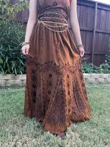 Pari Vintage Vibe Brown Embroidery Maxi Skirt