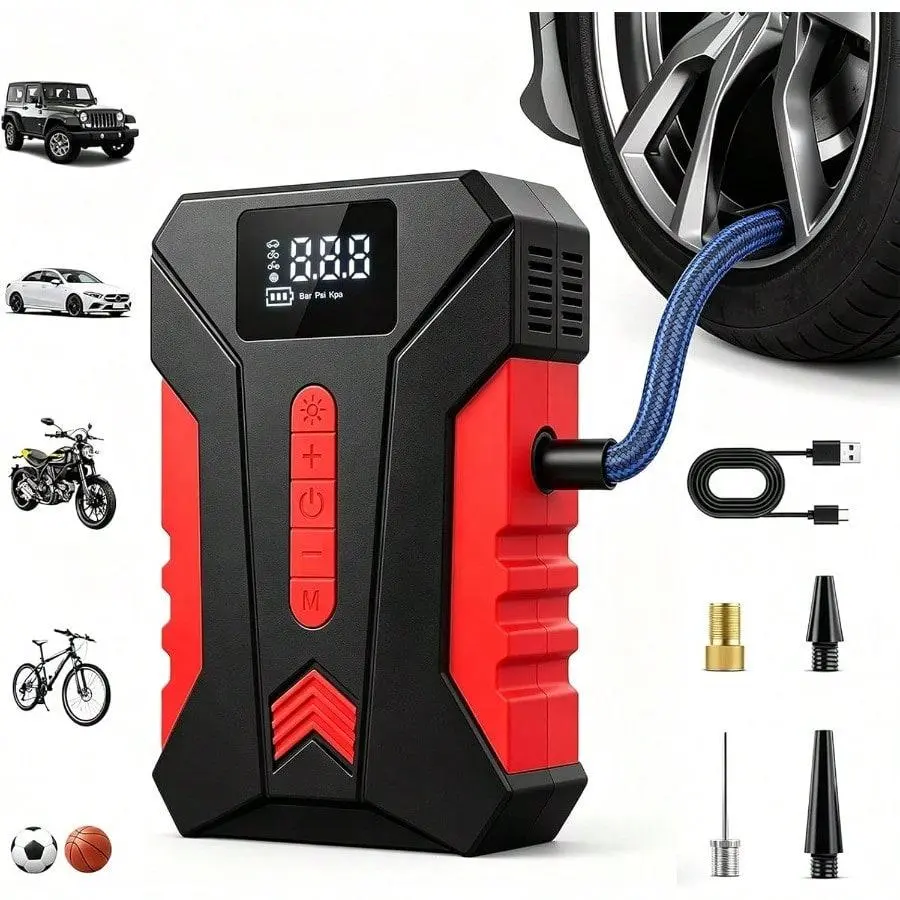 1-Piece Portable Tire Inflator, 250 PSI Cordless Air Compressor for Car – One-Touch Control, Digital Display Helps Prevent Overinflation, Built-in LED Light for Nighttime Emergency Use, Type-C Input & USB Output for Charging Devices on the Go – All-i