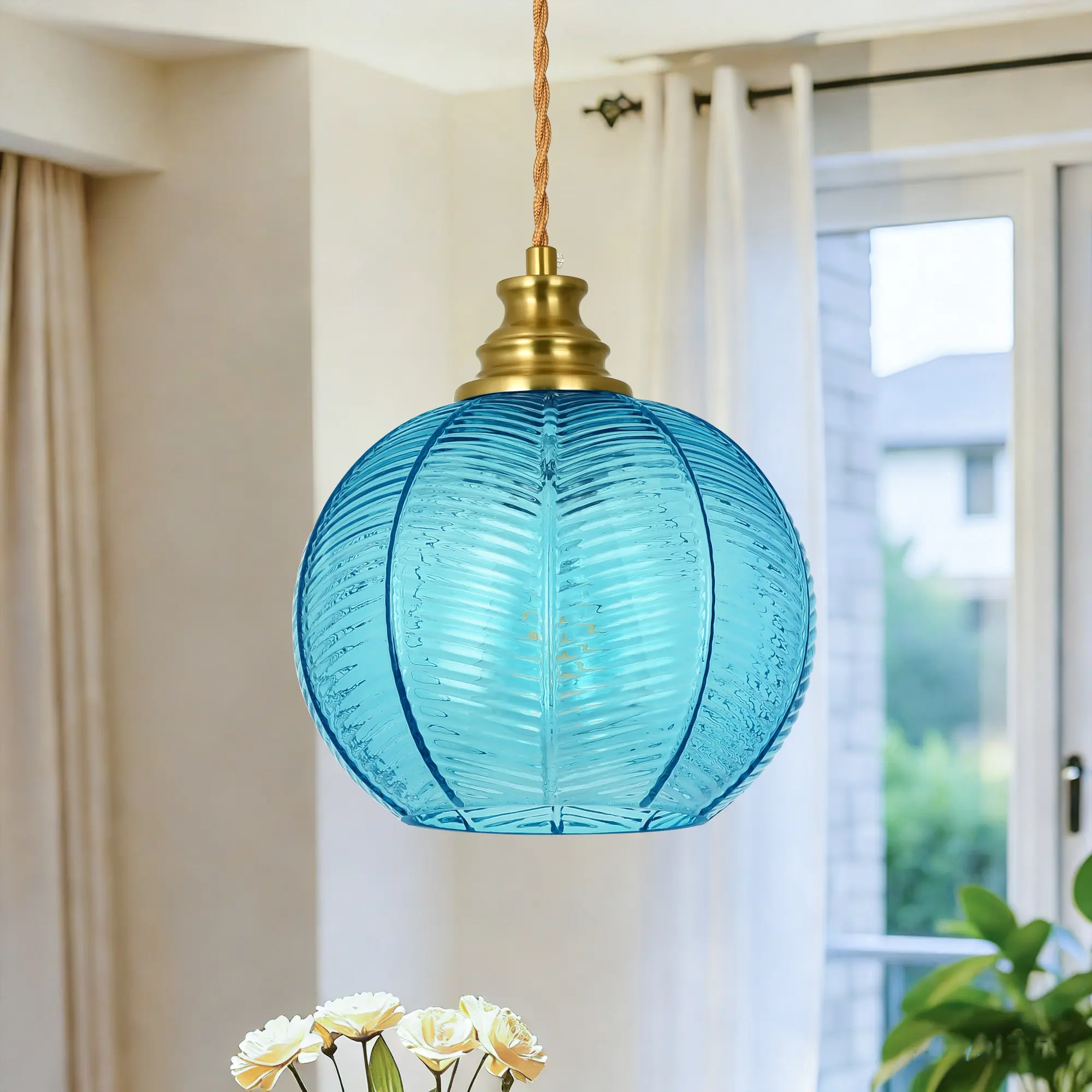 7.8in 1-Light Pendant Light with Globe Leaf Ribbed Glass, Ambient light for Kitchen Islan & Dining Room