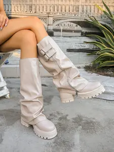 Women's Fashion Round Toe Thick Sole Knee-High Boots, Casual Fold-Over Cuff Ankle Booties, Comfortable Multi-Scene Motorcycle Boots, Footwear