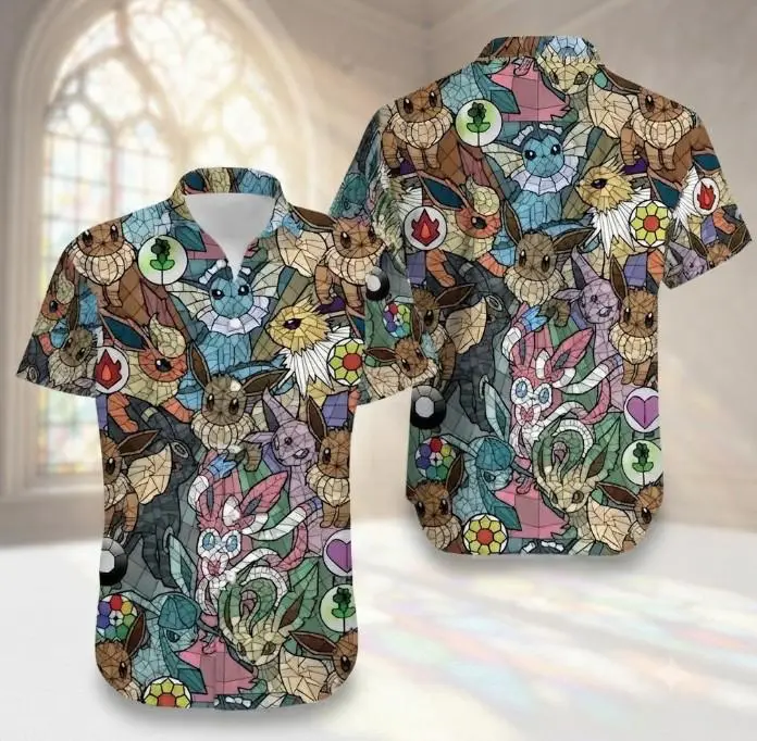 Cute Fox Creature Hawaiian Shirt, Anime Inspired Button-Up Aloha Shirt, Tropical Holiday Shirt for Men & Women