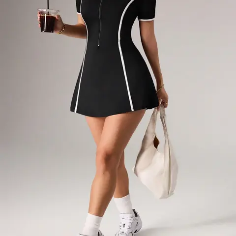 Women’s Spring/Summer Colorblock Zip-Front Dress with Inner Lining, Short-Sleeve Moisture-Wicking Sports Yoga Dress, Sporty Dress, Activewear Dress, Workout Dress