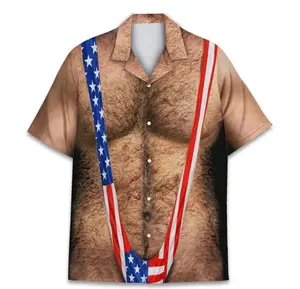 2026 Men's Patriotic American Flag Hawaiian Shirt - Funny Chest Hair Illusion Aloha Shirt for 4th of July USA Party (Sports & Outdoor Clothing, Men's Sports Top)