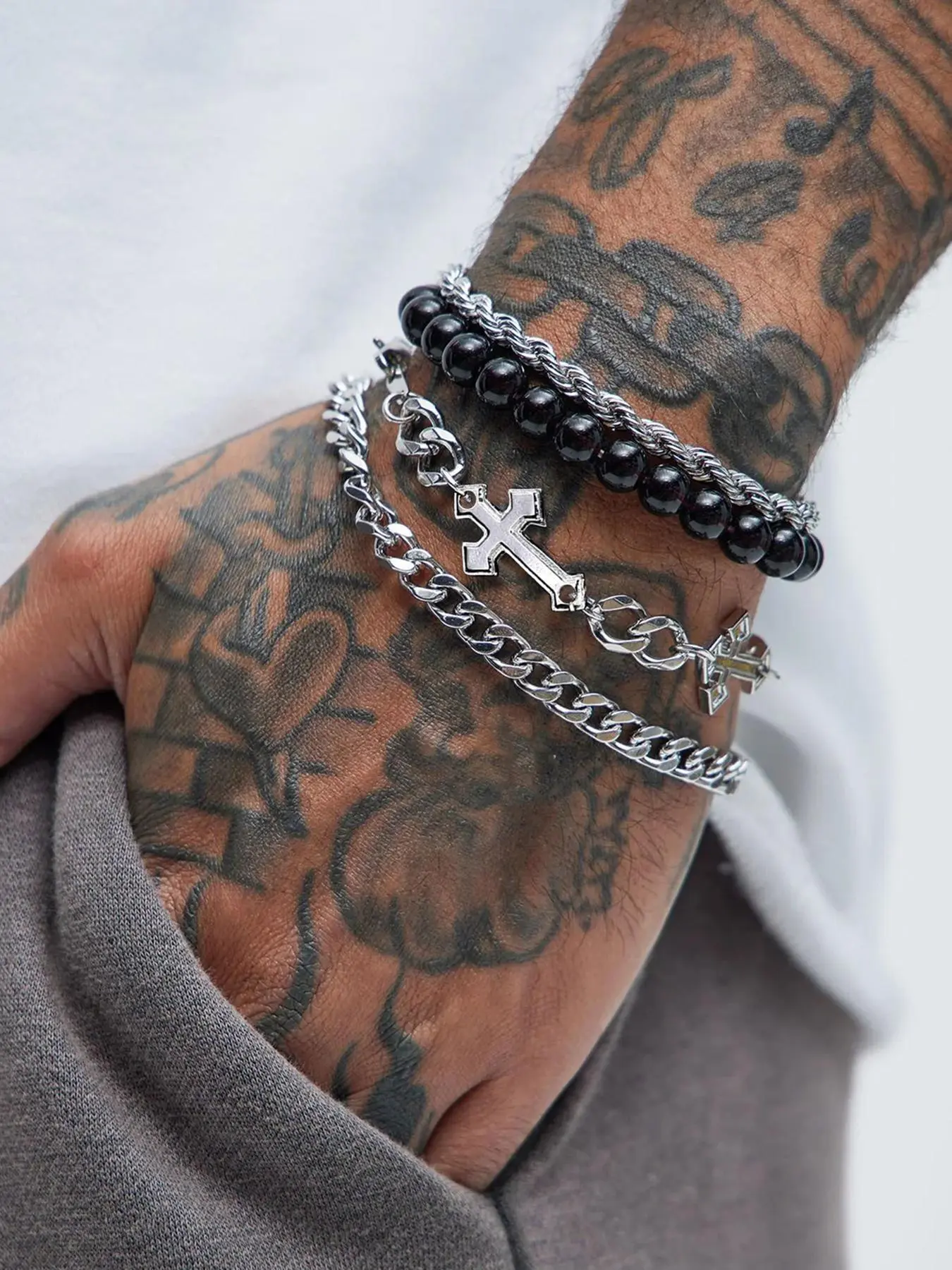 Punk Style Cross Design Chain Bracelet, Stainless Steel Bracelet, Stackable Bracelets, Cross Charm Bangle, Couples Gifts, Trendy Jewellery Accessories, Fashion Jewelry for Party, Daily Clothing Decor, Jewelry for Birthday Gift, Bracelets Set