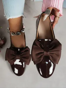 Women's Fashion Casual Flat Shoes, Fashionable Flats, Bow Decor, Plain Color Elegant Versatile Basic, Large Size Comfortable Women's Shoes, Bowknot Design Shoes