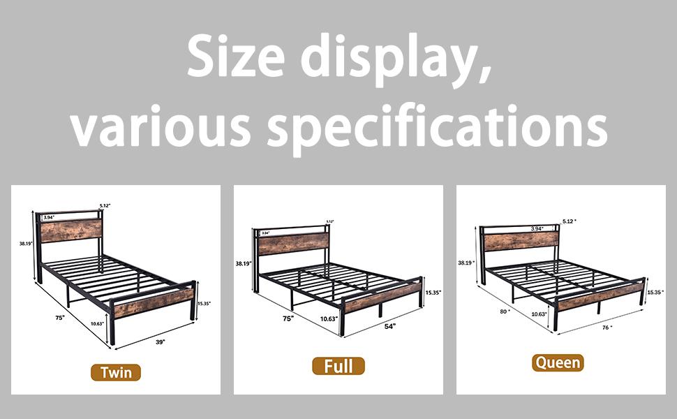 Different Size Metal Platform Bed Frame with Wooden Headboard and Footboard. Features robust metal slat support, no box spring required, delivering exceptional stability and a streamlined, modern aesthetic for your bedroom.