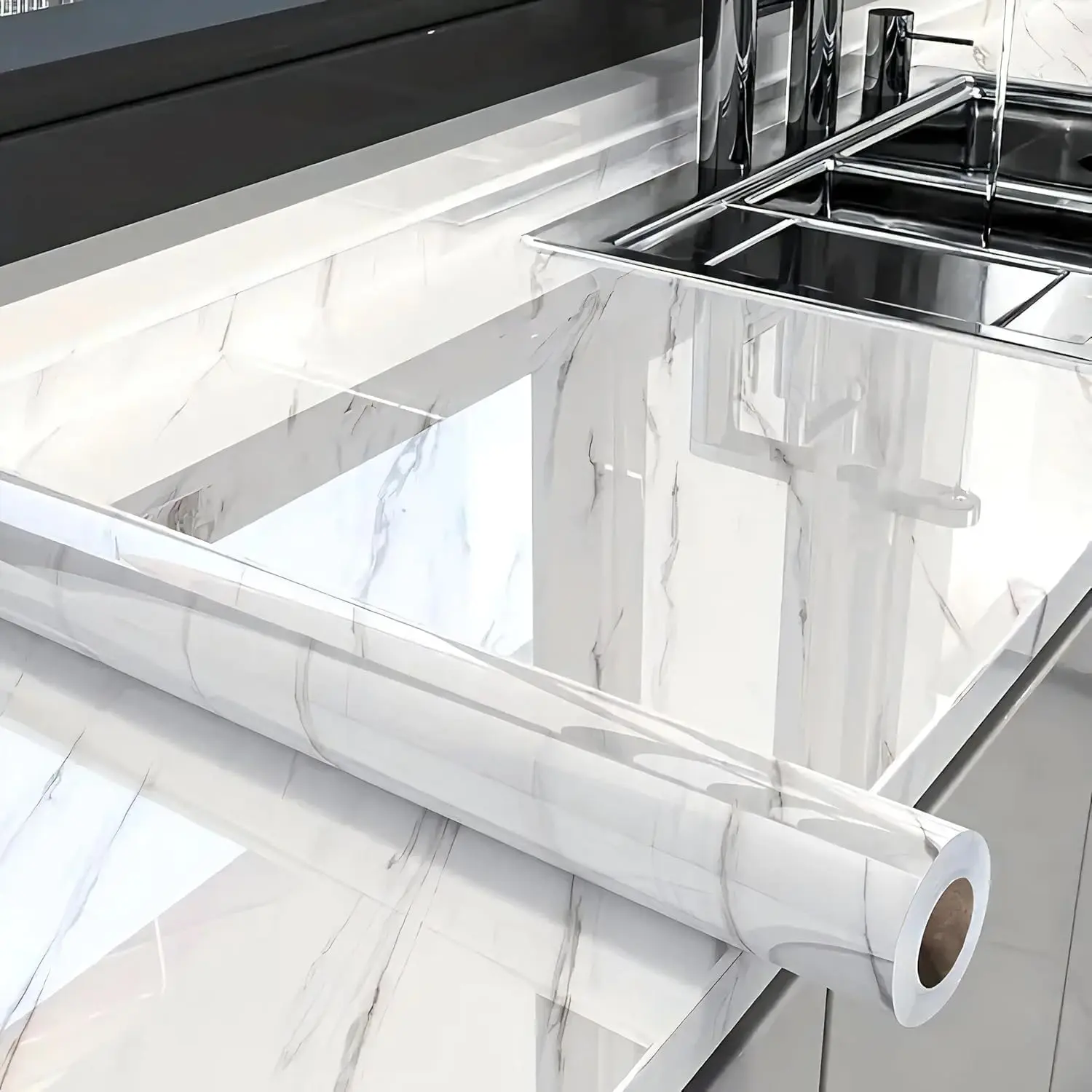 Glossy Marble Paper Granite Gray/White Peel and Stick Wallpaper Self Adhesive Removable 15.8″ ×118″ Waterproof for Kitchen Countertop & Furniture