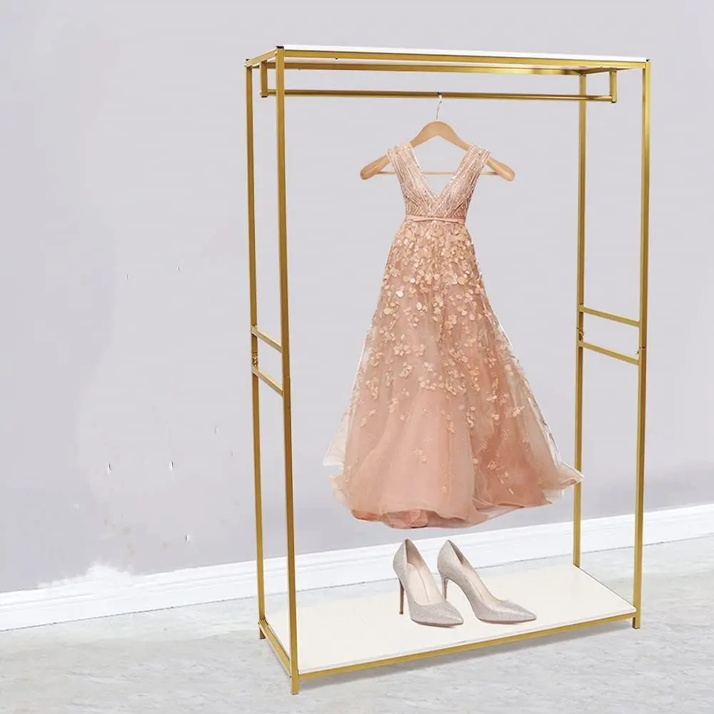 75"Retail Gold Clothing Racks with Shelves,Boutiques Garment Rack Wedding Dress Display Rack Metal Clothes Rack Heavy Duty Commercial Floor Standing Closet Hanging Rod Shoes Bag Clothes Organizer Wood Hangable