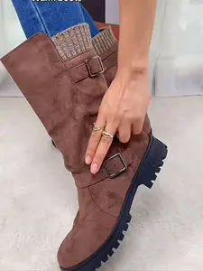 Women's Fleece Lined Winter Warm Boots, Plain Low Heel Soft Sole, Adjustable Buckle Design, Anti-Slip Mid-Calf Snow Boots for Christmas