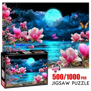 1pc 1000 piece adult puzzle 70x50cm Pink Magnolias, Butterflies, Moonlit Sea Scene 500 pieces of paper jigsaw puzzle, suitable for adults and families, large-scale DIY puzzle interactive toy games