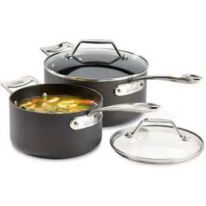 All-Clad Essentials Hard Anodized Nonstick Sauce Pan Set 4 Piece, 2.5, 4 Quart Oven Broiler Safe 500F Pots and Pans, Cookware Black