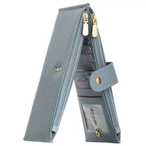 【Clearance Final sale】Women's RFID Full Size Slim Leather Long Wallet with Gold Accents & Clear Card Slot Foldable Vertical Purse with Zip Closure Premium PU Leather Magnetic Closure 16 Card Slots 2 ID Windows 2 Zipper Cash Compartments