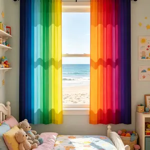 2-piece rainbow gradient digital printed curtain set, Easy Install Curtain, Home Decoration Curtain, made of semi transparent polyester fiber, with pole bag design and machine washable material, suitable for bedroom, living room, dining room decoration