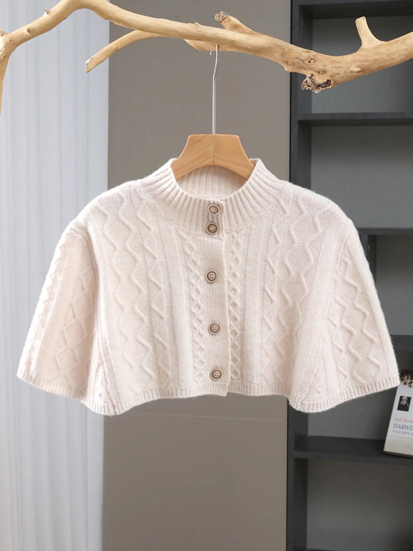 Women's 100% Pure Wool Knit Sweater, Thick Shawl Wrap, Fall Winter Warm Pullover, Vintage Buttoned Cape, New Chinese Style