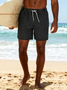 Men's Fashion Geometric Pattern Swim Trunks, Quick-Dry Comfortable Beach Shorts, Summer Holiday Essential, Drawstring Waist, Fitted Style