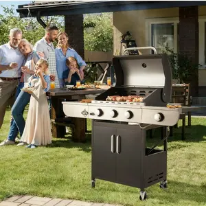 3-Burner Countertop Propane Gas Grill with Side Burner, 24, 000 BTU Outdoor Barbecue Grill with Ceramic-Coated Cast Iron Grates, Thermometer, and Stainless Steel Lid for Patio, Backyard, Balcony