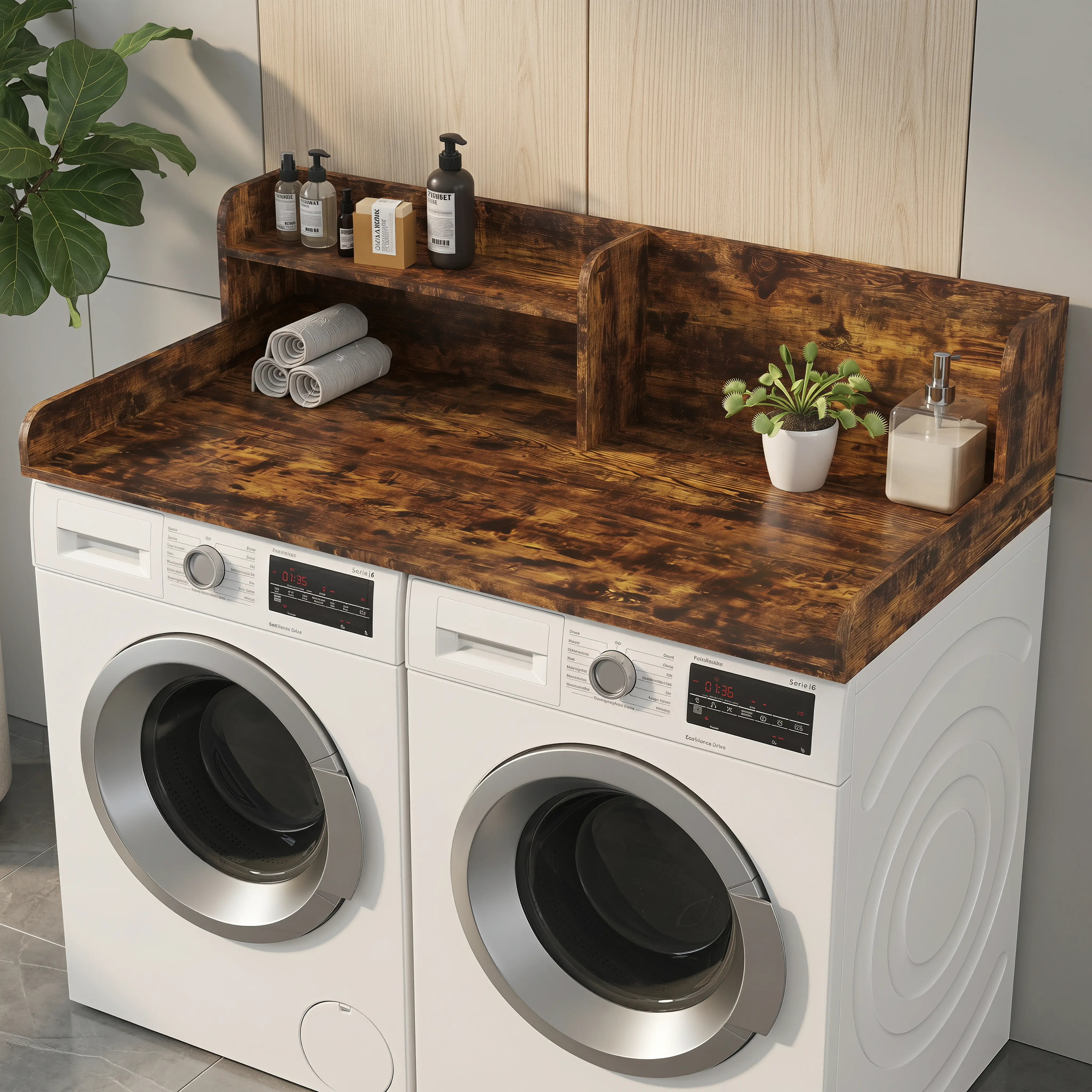 Oakault Durable Space-Saving Washer-Dryer Countertop with Guardrails, Raised Edge, Non-Slip Pad, 2-Tier Wood Shelf for Laundry Folding, Sorting Storage