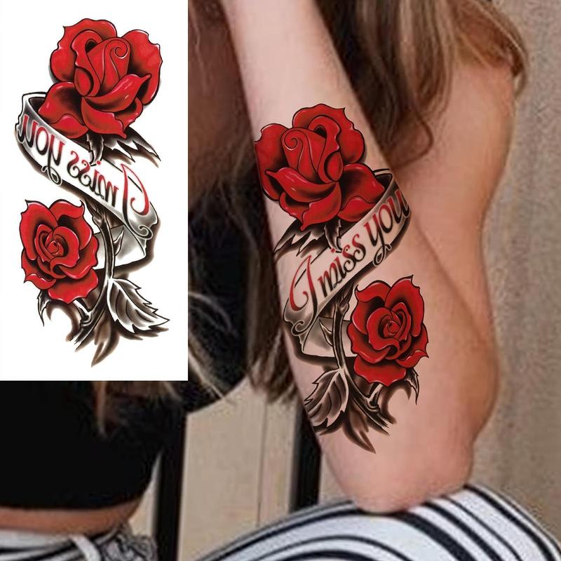 Waterproof Red Rose Ribbon Temporary Tattoo Stickers - 6 Pieces (2 Fixed, 4 Random Designs), Peel Apply Damp, Normal Easy Removal, Goodie Bags Fillers, Party Favors for Arm, Thigh, Neck, Chest, Face, Ankles, Ears