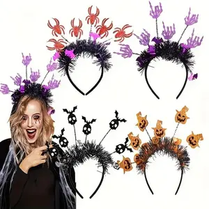 Halloween Party Headband Set of 4 with Pumpkin, Skull, Skeleton Hand, Bat and Spider Designs, Versatile Plastic Headgear for Birthdays, Bachelor and Cosplay Parties