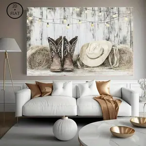 Rustic Farmhouse Western Wall Decor, Ready‑to‑Hang Stretched Giclee Canvas Print of Cowboy Boots & Hat With Hay Bales and String Lights on Distressed Wood, Art for Living Room, Bedroom & Office Decoration wicked good poster