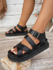 Women's Fashionable Solid Color Buckle Decorated Platform Sandals, Casual Comfortable Platform Sandals for Summer, Lightweight Breathable Shoes for Daily Wear, Girl, Trendy Sandals, Comfy, Footwear