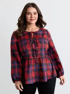 【Summer Turn-Up】BlOOMCHIC Plus Size Festive Plaid Bowknots Adjustable Blouse Brightred Long Sleeve Round Neck Regular Fit No Stretch Shirts Spandex Top Garment Fabric Womenswear Smooth [M-6X] 2026 Summer Pick for Mother's Day