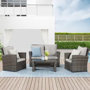 RoyalCraft 4 Piece Outdoor Patio Furniture Sets, Wicker Conversation Set for Porch Deck, Rattan Sofa Chair with Cushion