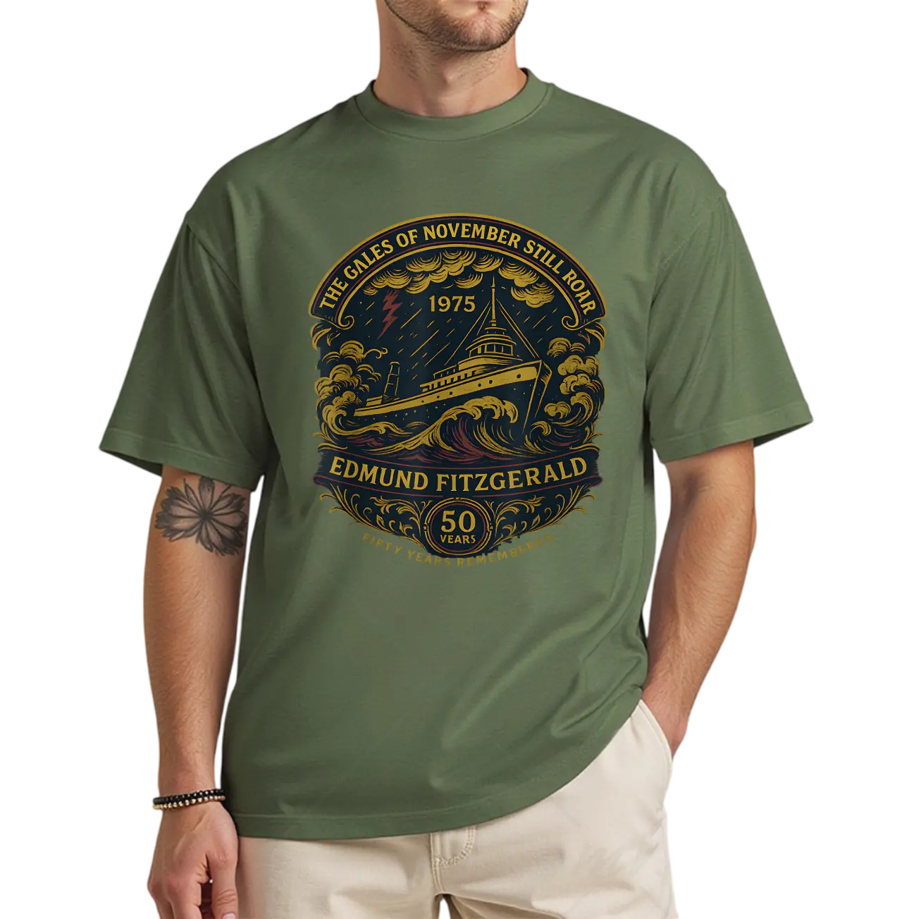 Unisex Menswear Short-Sleeve Casual Top, 1975 Edmund Fitzgerald Great Lakes Shipwreck Tribute Maritime History T-Shirt
