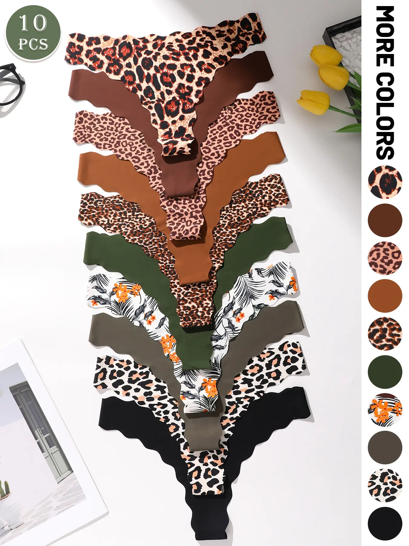 Women's Seamless Sexy Thong Panty, Wave Edge Design, Multiple Prints and Solid Colors, All Season Daily Wear, Pack of 3/5/6/7/10/12 Pieces