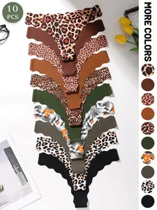 Women's Sexy Seamless Thong Knitted Stretch Underwear Set, Multiple Prints and Solid Colors, All Season Daily Wear, Low Waist Slim Fit