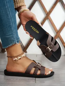 Women's Woven Strap Flat Sandals, Rhinestone Buckle, Simple Comfort Design, Daily Casual Shoes