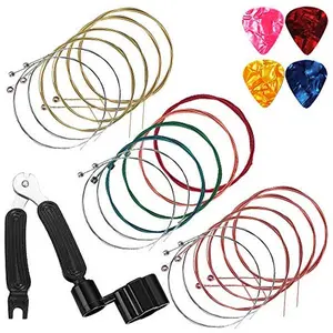 3-Pack Acoustic Guitar Strings (Gold, Brass, Multicolor) with Celluloid Guitar Picks, String Winder Kit for Beginners & Performers